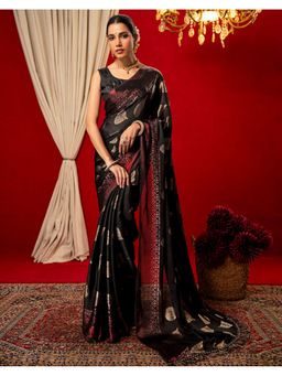 SATRANI - Women Black Foil Printed Chiffon Saree With Unstitched Blouse
