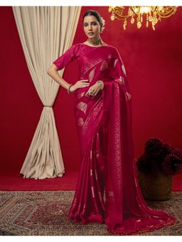 SATRANI - Women Dark Rani Pink Foil Printed Chiffon Saree With Unstitched Blouse