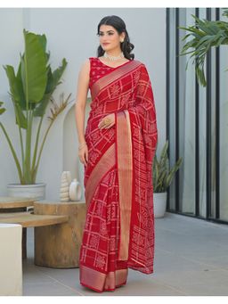 SATRANI - Women Red Bandhani Printed Georgette Saree With Unstitched Blouse