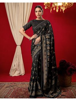 SATRANI - Women Black Foil Printed Vichitra Silk Saree With Unstitched Blouse