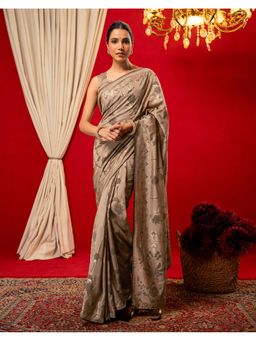 SATRANI - Women Dark Beige Foil Printed Vichitra Silk Saree With Unstitched Blouse
