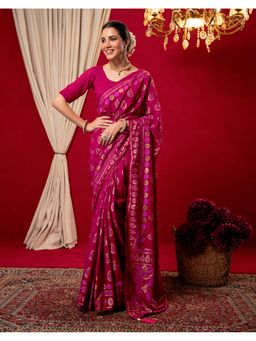 SATRANI - Women Dark Rani Pink Foil Printed Vichitra Silk Saree With Unstitched Blouse