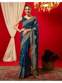 SATRANI - Women Teal Blue Foil Printed Vichitra Silk Saree With Unstitched Blouse