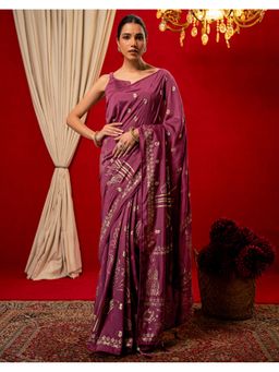 SATRANI - Women Dusty Wine Foil Printed Vichitra Silk Saree With Unstitched Blouse