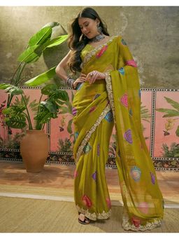 SATRANI - Women Lime Green Bandhani Printed Chiffon Saree With Unstitched Blouse