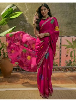 SATRANI - Women Dark Rani Pink Bandhani Printed Chiffon Saree With Unstitched Blouse