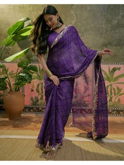 SATRANI - Women Purple Bandhani Printed Chiffon Saree With Unstitched Blouse