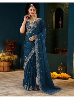 SATRANI - Women Blue Sequins Embroidery Satin Saree With Unstitched Blouse