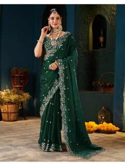 SATRANI - Women Green Sequins Embroidery Tissue Satin Saree With Unstitched Blouse