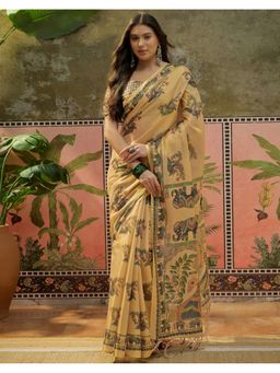 SATRANI - Women Dark Beige Printed Shimmer Silk Saree With Unstitched Blouse