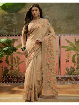 SATRANI - Women Beige Printed Shimmer Silk Saree With Unstitched Blouse