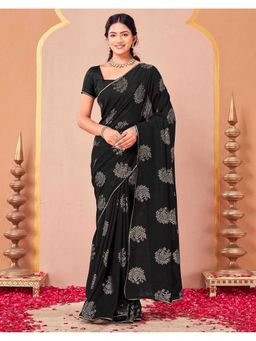 SATRANI - Women Black Foil Printed With Gota Lace Vichitra Silk Saree With Unstitched Blouse