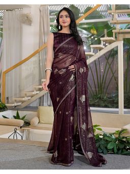 SATRANI - Women Wine Foil Printed Georgette Saree With Unstitched Blouse