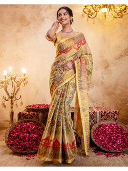 SATRANI - Women Gold Printed Shimmer Silk Saree With Unstitched Blouse