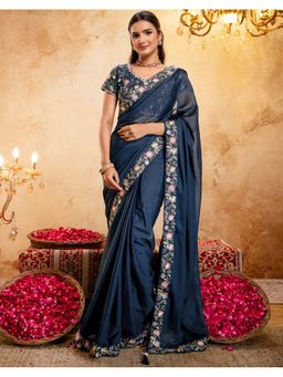 SATRANI - Women Navy Blue Embroidery Lace and Tassels Shimmer Saree With Unstitched Blouse