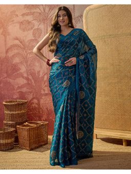 SATRANI - Women Peacock Blue Foil Printed Chiffon Saree With Unstitched Blouse
