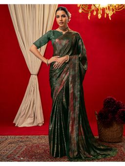 SATRANI - Women Dark Green Foil Printed Chiffon Saree With Unstitched Blouse