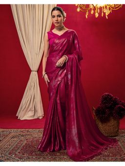 SATRANI - Women Rani Pink Foil Printed Chiffon Saree With Unstitched Blouse