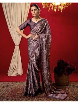 SATRANI - Women Dark Mauve Printed Satin Chiffon Saree With Unstitched Blouse