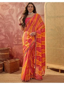 SATRANI - Women Red Bandhani Printed Chiffon Saree With Unstitched Blouse