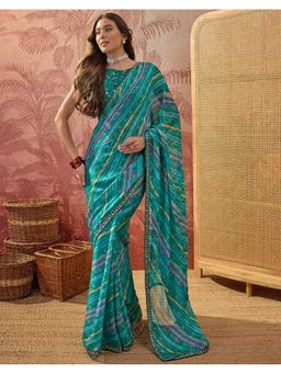SATRANI - Women Teal Green Bandhani Printed Chiffon Saree With Unstitched Blouse