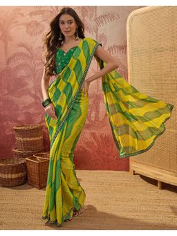 SATRANI - Women Lime Yellow Bandhani Printed Chiffon Saree With Unstitched Blouse