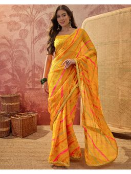SATRANI - Women Yellow Bandhani Printed Chiffon Saree With Unstitched Blouse