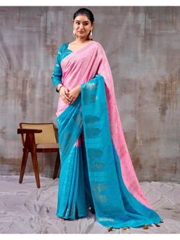 SATRANI - Women Light Pink Woven and Tassels Chinon Chiffon Saree With Unstitched Blouse