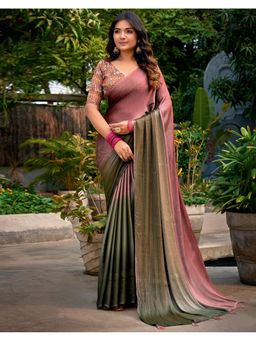 SATRANI - Women Mauve, Olive Green Ombre Chiffon Saree With Unstitched Blouse
