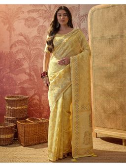 SATRANI - Women Light Yellow Weaving and Stone Work Silk Saree With Unstitched Blouse
