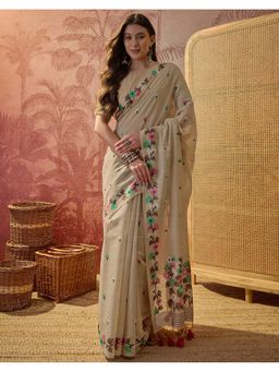 SATRANI - Women Dusty Beige Woven and Tassels Silk Saree With Unstitched Blouse