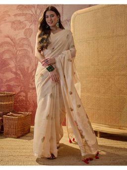 SATRANI - Women Beige Woven and Tassels Silk Saree With Unstitched Blouse