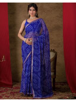 SATRANI - Women Blue Bandhani Printed Chiffon Saree With Unstitched Blouse
