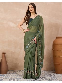 SATRANI - Women Green Yellow Sequins Embroidery Silk Saree With Unstitched Blouse