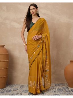 SATRANI - Women Mustard Yellow Sequins Embroidery Silk Saree With Unstitched Blouse