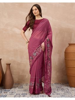 SATRANI - Women Pink Yellow Sequins Embroidery Silk Saree With Unstitched Blouse
