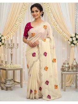 SATRANI - Women Beige Sequins Embroidery Silk Saree With Unstitched Blouse