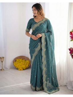 SATRANI - Women Blue Sequins Embroidery Georgette Saree With Unstitched Blouse