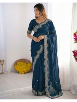 SATRANI - Women Navy Blue Sequins Embroidery Georgette Saree With Unstitched Blouse