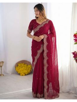 SATRANI - Women Dark Rani Pink Sequins Embroidery Georgette Saree With Unstitched Blouse