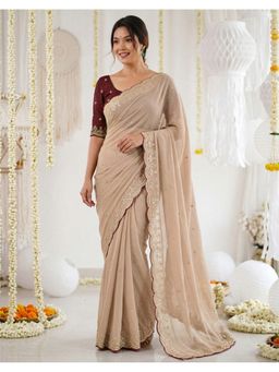 SATRANI - Women Beige Sequins Embroidery Georgette Saree With Unstitched Blouse