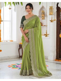 SATRANI - Women Green Sequins Embroidery Georgette Saree With Unstitched Blouse