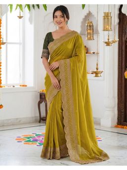 SATRANI - Women Mustard Sequins Embroidery Georgette Saree With Unstitched Blouse