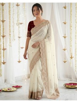 SATRANI - Women Off White Sequins Embroidery Georgette Saree With Unstitched Blouse