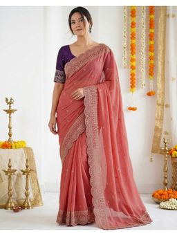 SATRANI - Women Peach Sequins Embroidery Georgette Saree With Unstitched Blouse