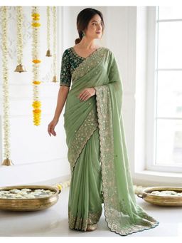 SATRANI - Women Green Sequins Embroidery Georgette Saree With Unstitched Blouse