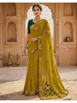 SATRANI - Women Mustard Sequins Embroidery Georgette Saree With Unstitched Blouse