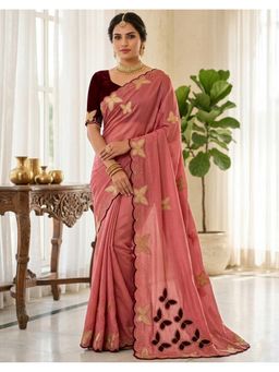 SATRANI - Women Peach Sequins Embroidery Georgette Saree With Unstitched Blouse