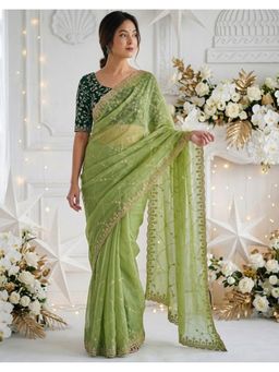SATRANI - Women Pista Green Sequins Embroidery Georgette Saree With Unstitched Blouse