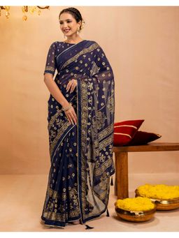 SATRANI - Women Navy Blue Georgette Saree With Unstitched Blouse